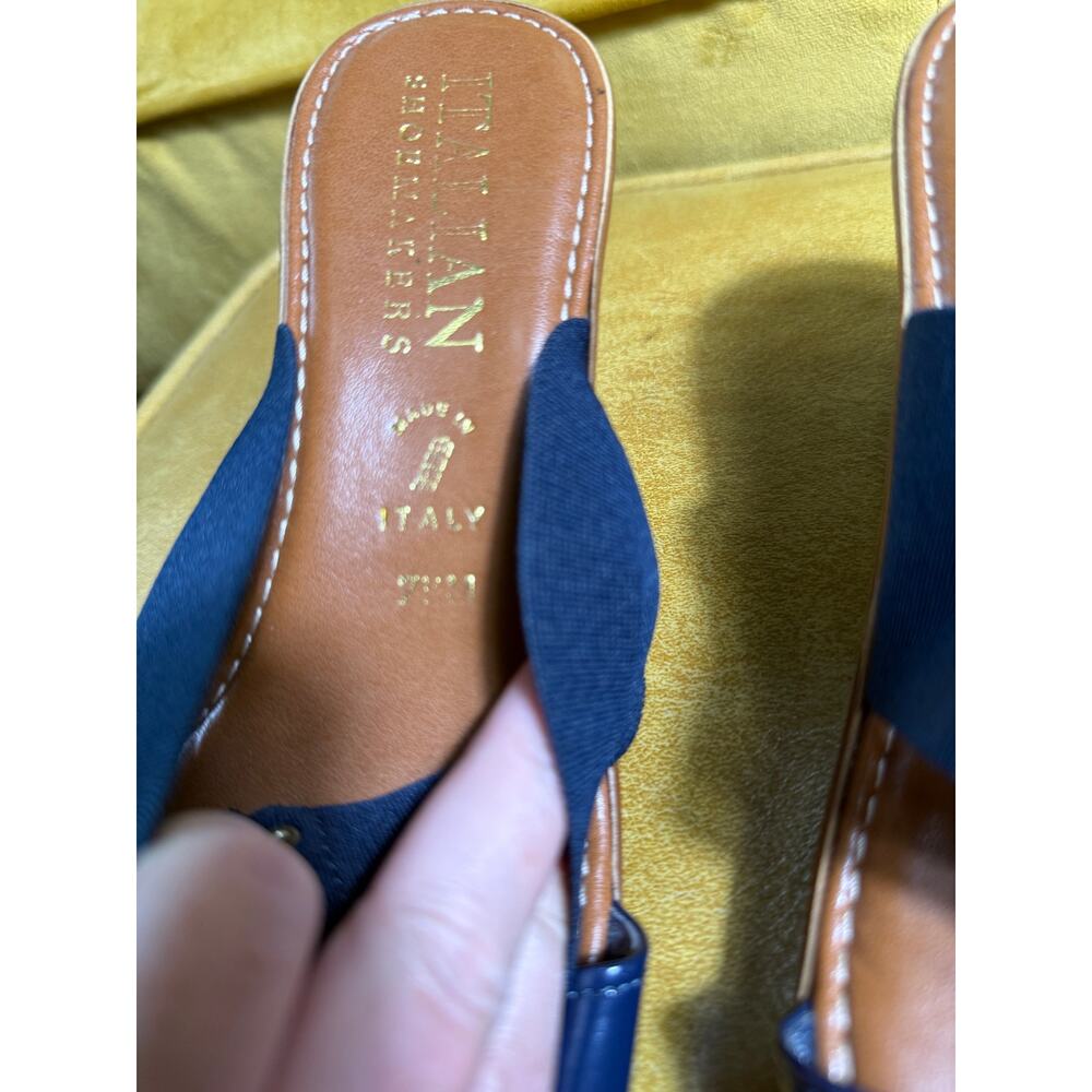 Italian Shoemakers Quiz Wedge Sandals Navy Blue Elastic Slide Thong Gold  7.5 M - Picture 8 of 8